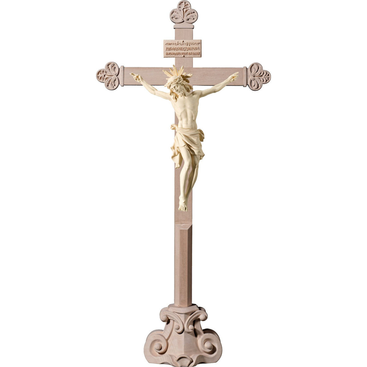 Cristo Pisa en cruz barroca en peana con Titulus Crucis en hebreo - latín - griego